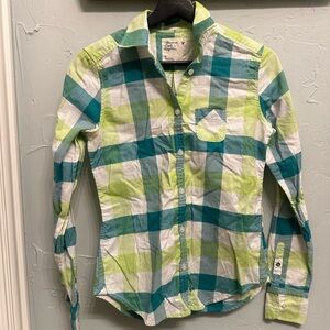 American Eagle Outfitters Teal and Lime Checkered Shirt